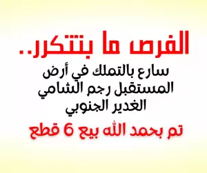 سارع بتملك في أرض المستقبل رج الشامي/ الغدير الجنوبي تم بيع 6 قطع بحمد الله.