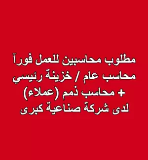 مطلوب محاسب عام / محاسب خزينة رئيسي + مطلوب محاسب ذمم (عملاء)
