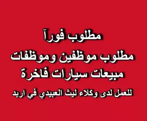 مطلوب موظفين وموظفات مبيعات سيارات للعمل لدى وكلاء ليث العبيدي لتجارة السيارات (شركة السيارات الذكية) في محافظة إربد
