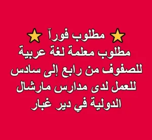 مطلوب معلمة لغة عربية ⭐ لتدريس الصفوف من رابع إلى سادس للعمل لدى مدارس مارشال الدولية في دير غبار