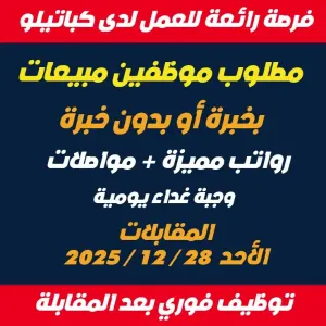 مطلوب موظفين مبيعات للعمل لدى كباتيلو