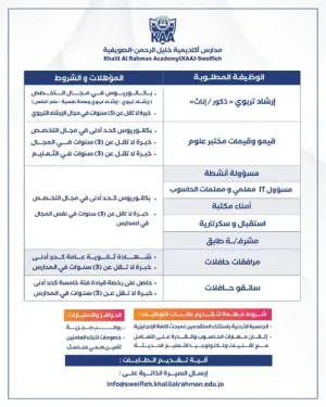 مطلوب معلمين ومعلمات وسائقين ومرافقات وقيميين مختبر و أمناء مكتبة وسكرتاريا و استقبال للعمل في مدارس خليل الرحمن في الصويفية