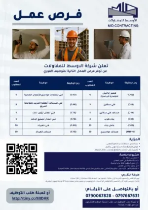 مطلوب عمال و معلمين إنشاءآت ومقاولات للعمل في شركة الاوسط للمقالات ضمن أعمال المشاريع السكنية و التجارية و الإسكانات علمآ أن الرواتب ممتازة