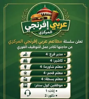 اعلنت مطاعم عربي فرنجي عن حاجتها إلى عمال وموظفين للعمل لديها في عدة اقسام في المطعم