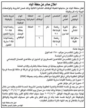 اعلنت سلطة المياه عن حاجتها إلى سائقين عدد اجمالي 17سائق للتوظيف بوظائف حكومية وبراتب ممتازة