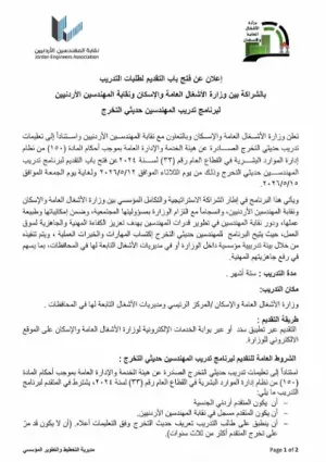 اعلنت وزارة الاشغال العامة و الاسكان عن حاجتها الى 250 مهندس للتدريب